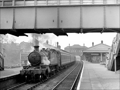 Acocks Green Station on 25 May 1957 with GWR 2-6-2T 4108 hauling a local train from Moor Street to Leamington Spa.