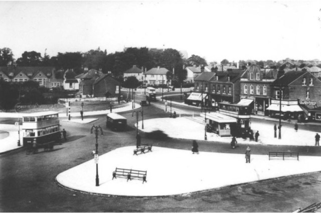 Acocks Green Village in 1932 showing the tram terminus in the centre of the traffic roundabout.