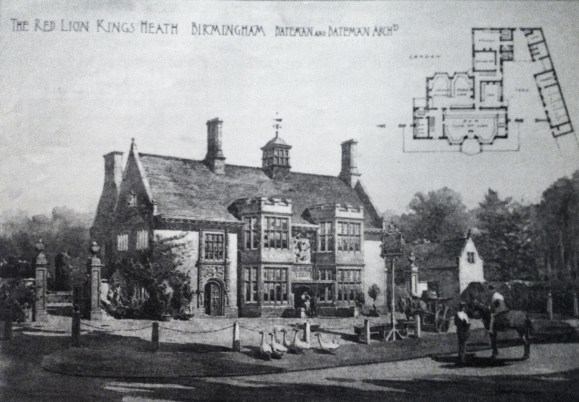 The bucolic scene of a wandering gaggle of geese and a man on horseback envisaged by CE Bateman the architect in his architectural sketch of Ye Olde Red Lion. In the early 1890s, the Priory Trust owners of the land in this area asked Bateman to lay out a middle class suburb on its land, which at the time would have been at the very edge of Birmingham. The houses were designed in a variety of Arts and Crafts styles. 